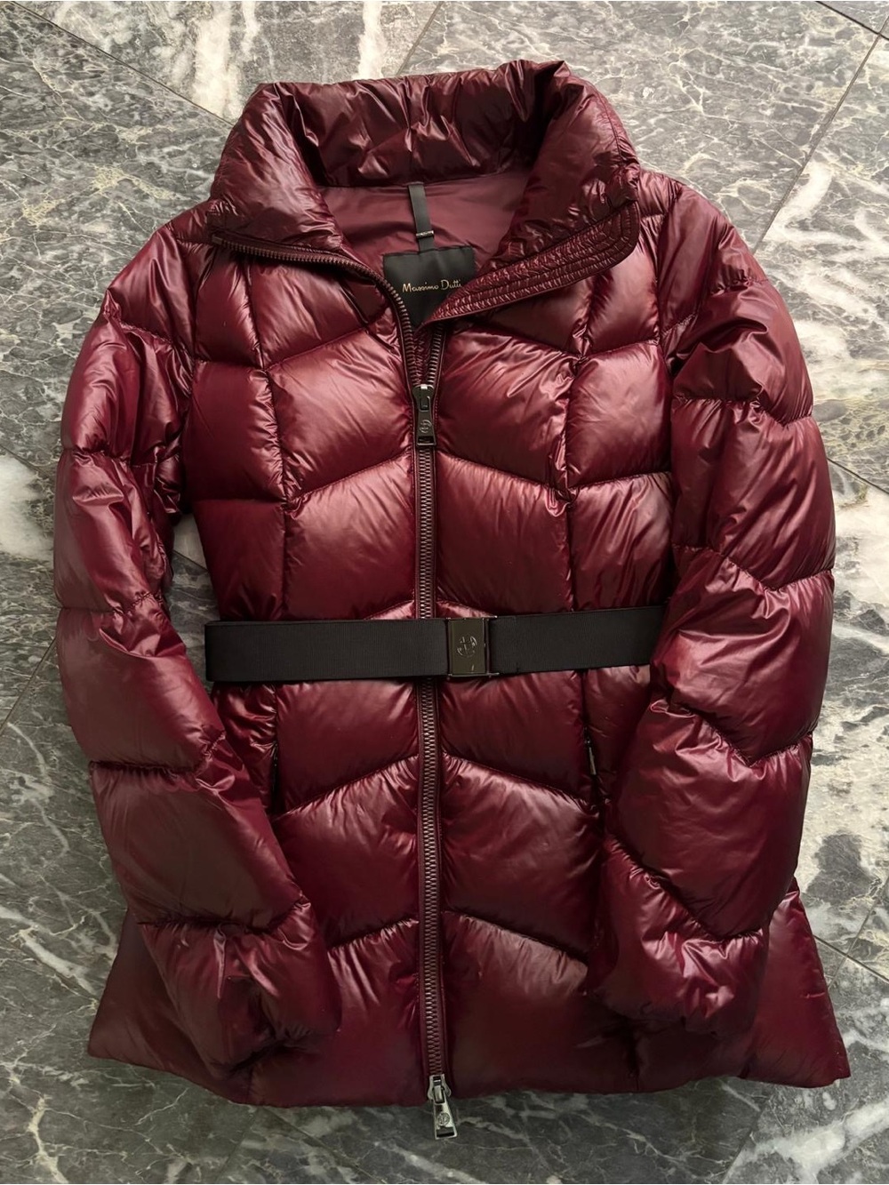 Massimo Dutti Women's Burgundy Quilted Belted Puffer Coat